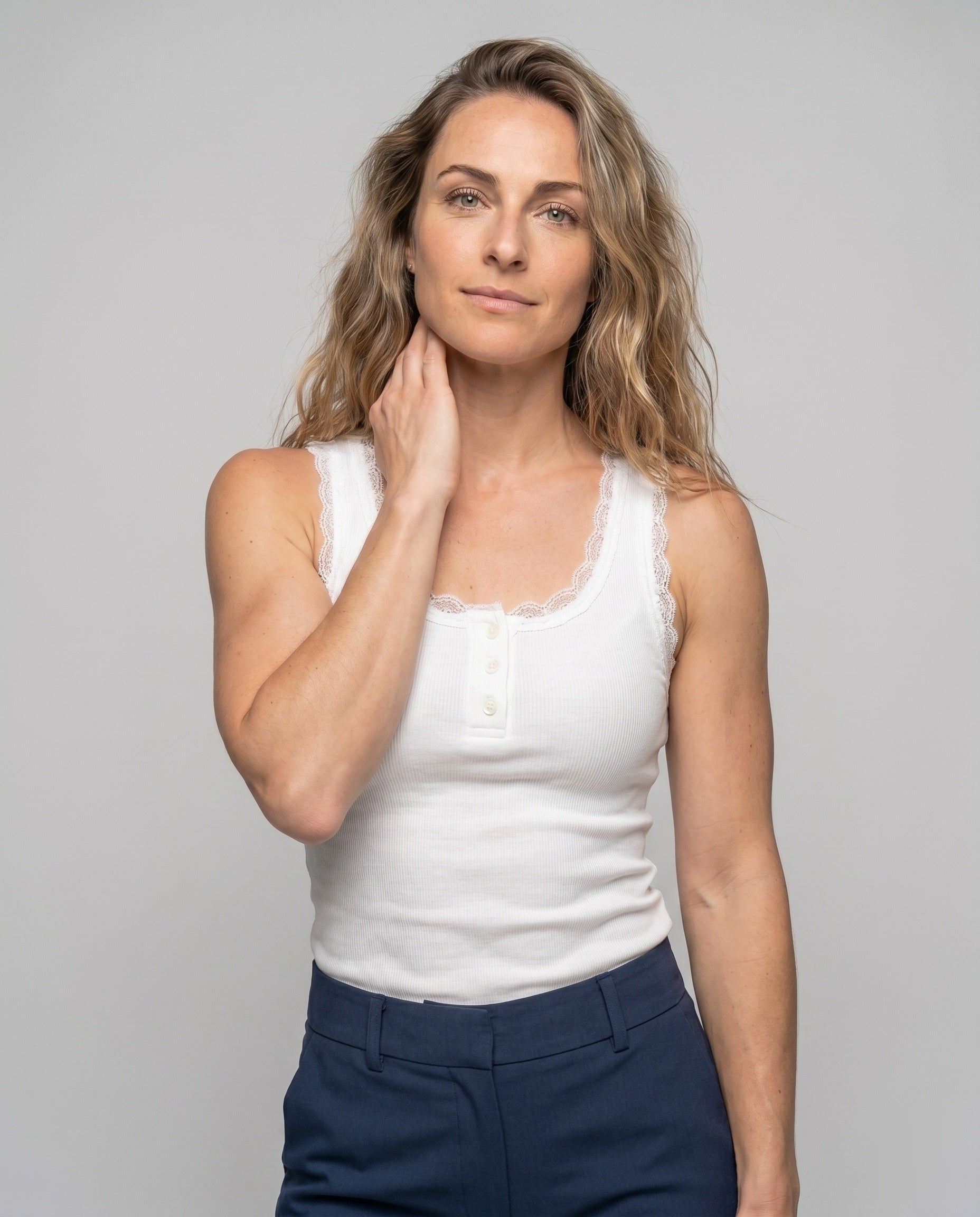 Women's Tank Top with Decorative Lace Trim and Button Placket - Upper Body View