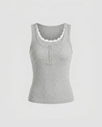 Women's Tank Top with Decorative Lace Trim and Button Placket