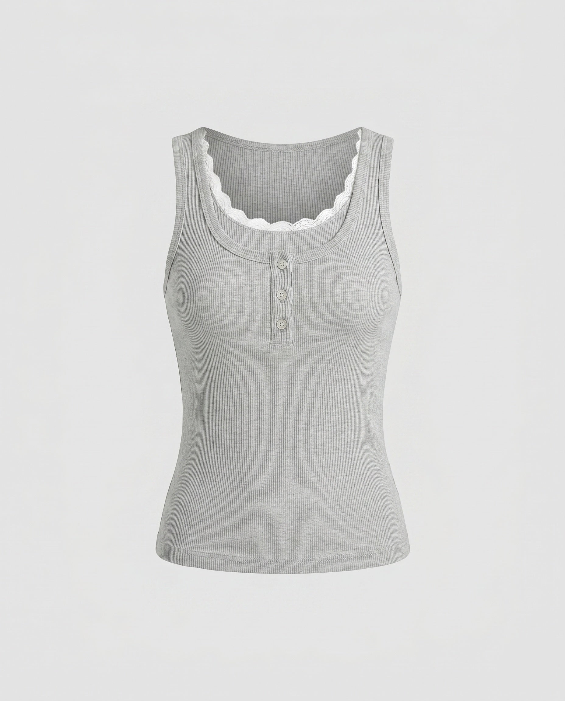 Women's Tank Top with Decorative Lace Trim and Button Placket