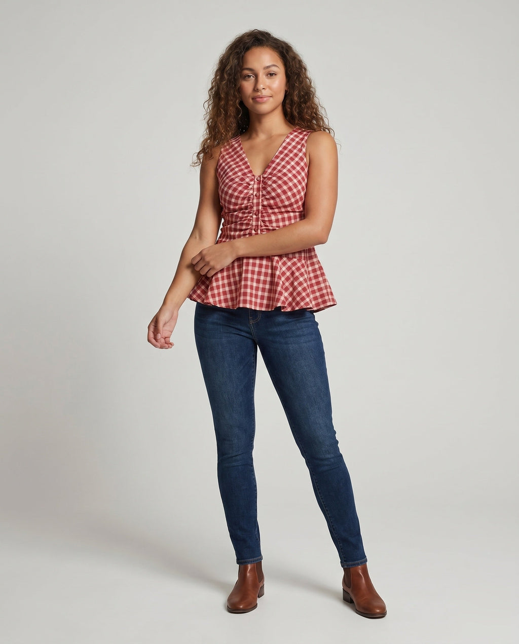 Women's V-Neck Blouse Shirt with Wide Hem and Button Details - Front View