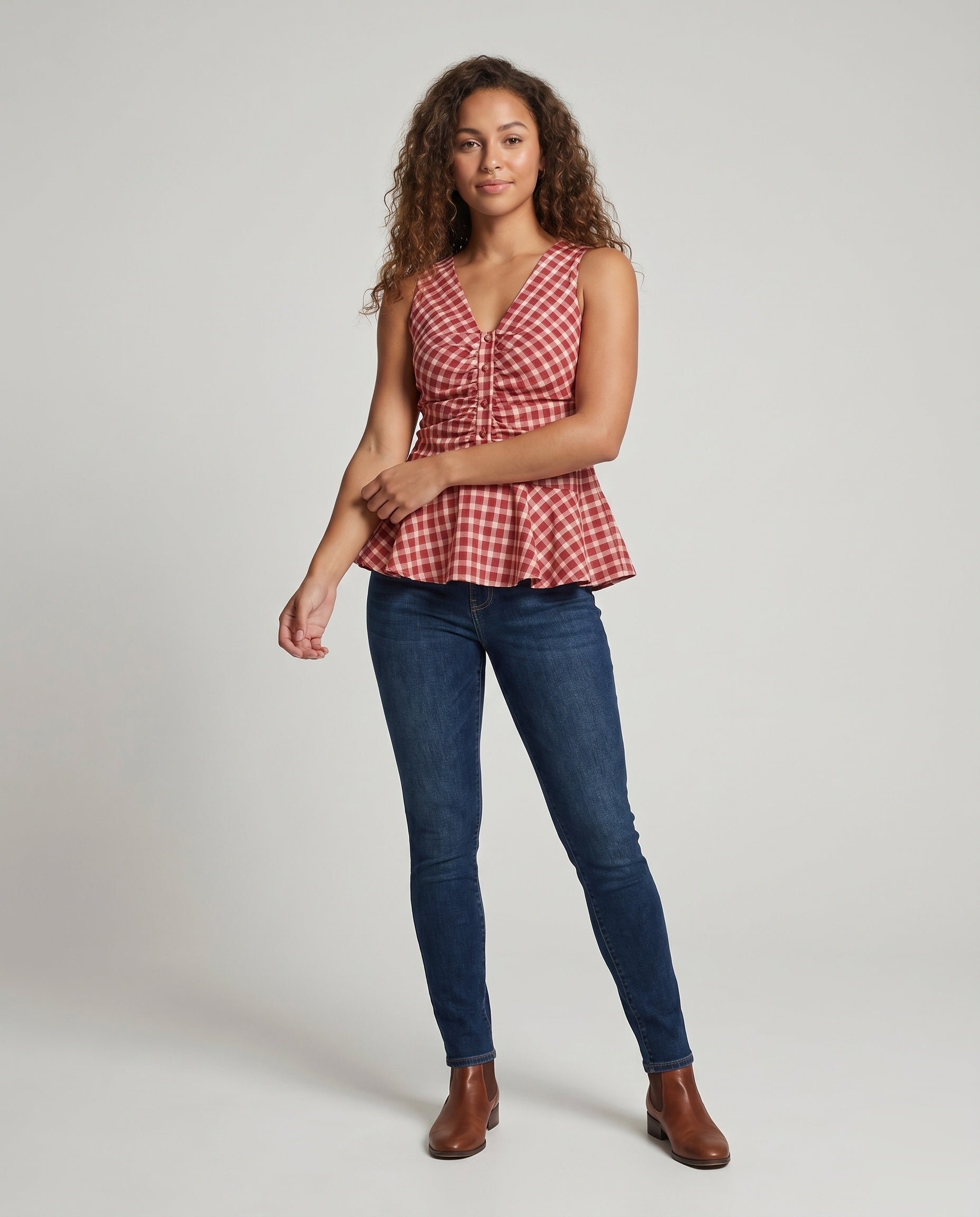 Women's V-Neck Blouse Shirt with Wide Hem and Button Details - Front View