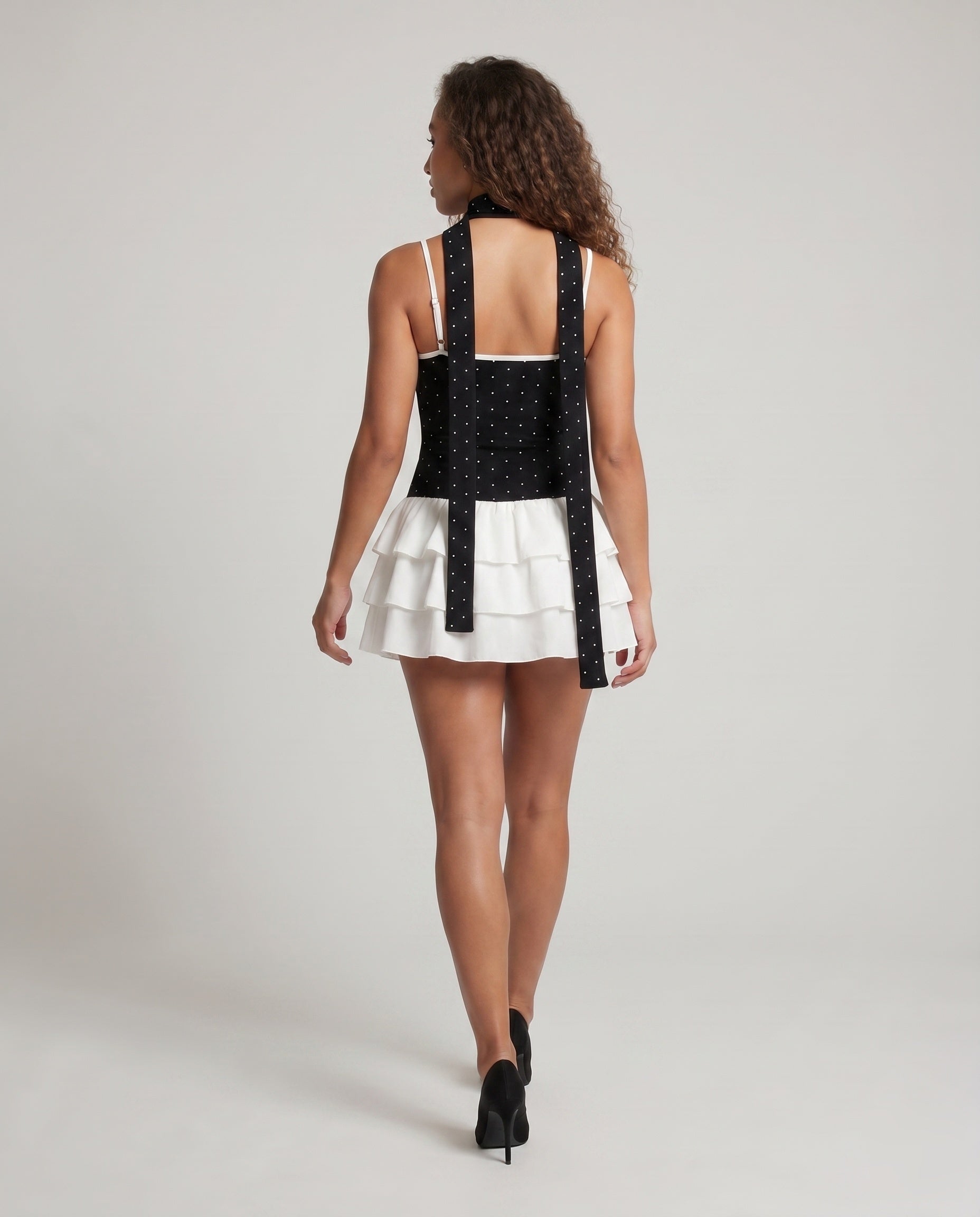 Women's Playful Top with Flowing Skirt Part and Tie - Back View