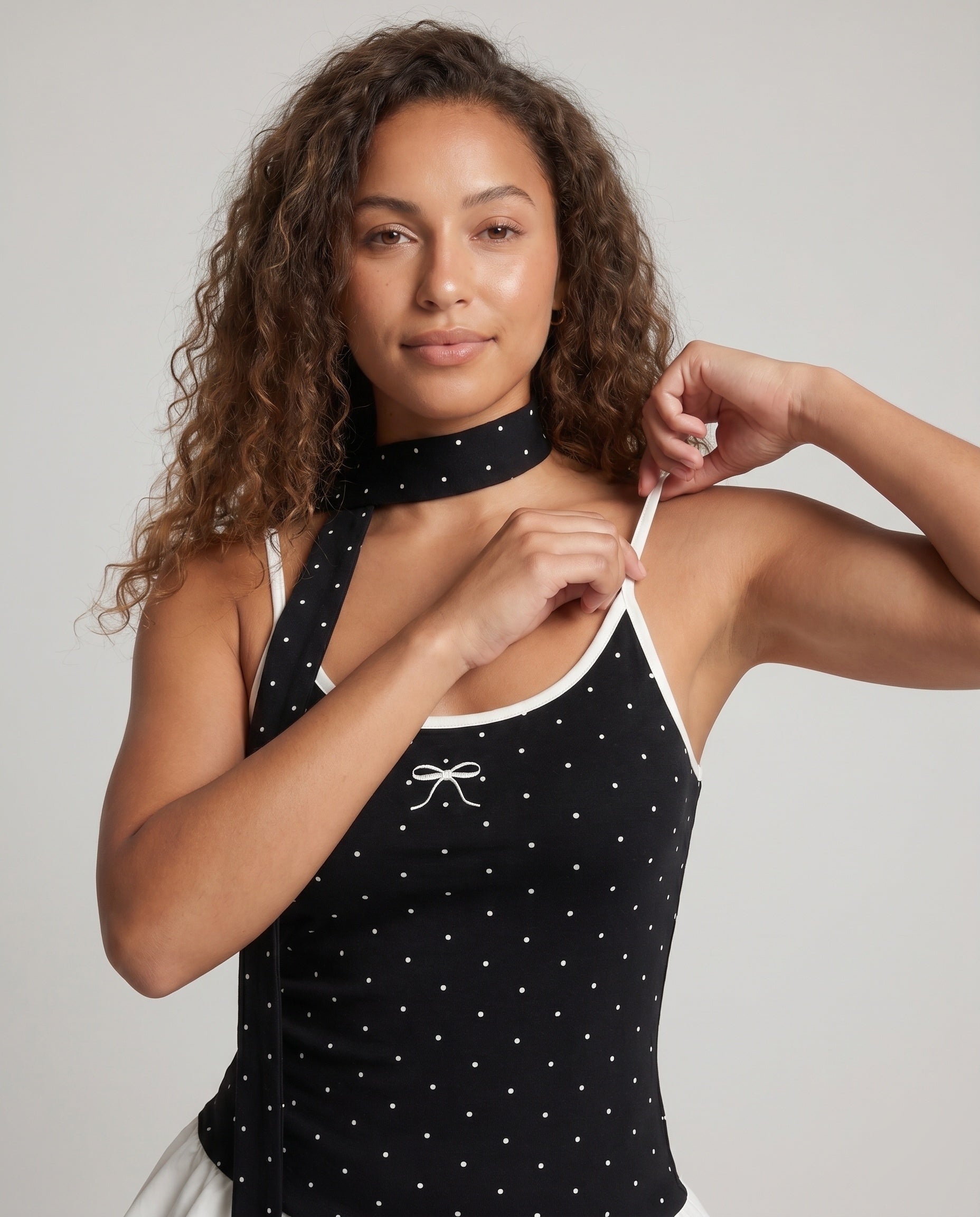 Women's Playful Top with Flowing Skirt Part and Tie - Upper Body View