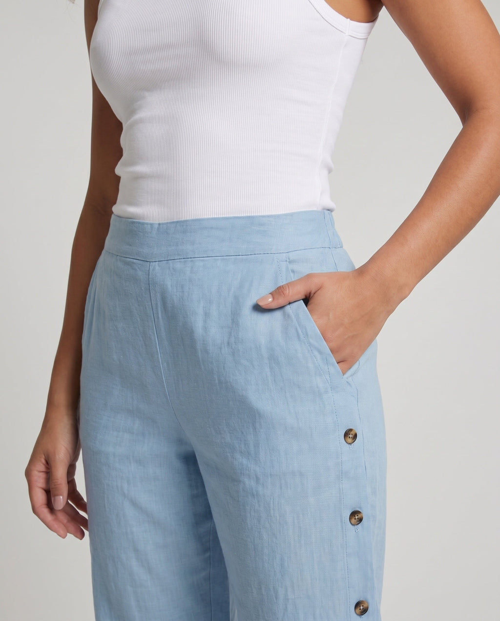 Women's Comfortable Summer Pants with Side Button Details - Close-Up Detail