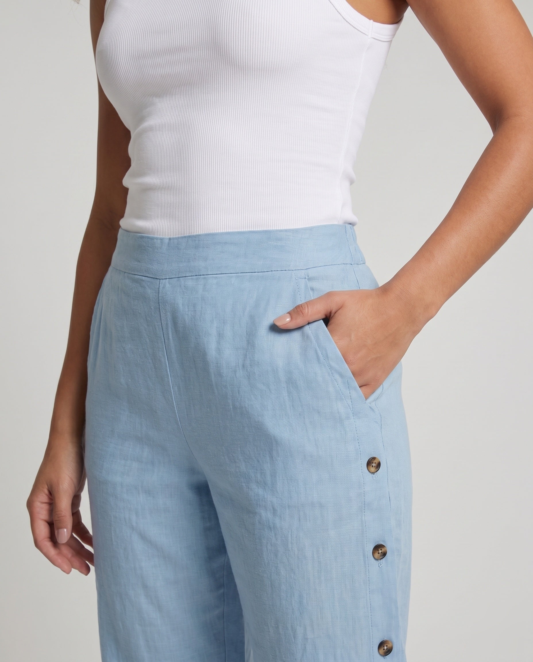 Women's Comfortable Summer Pants with Side Button Details - Close-Up Detail