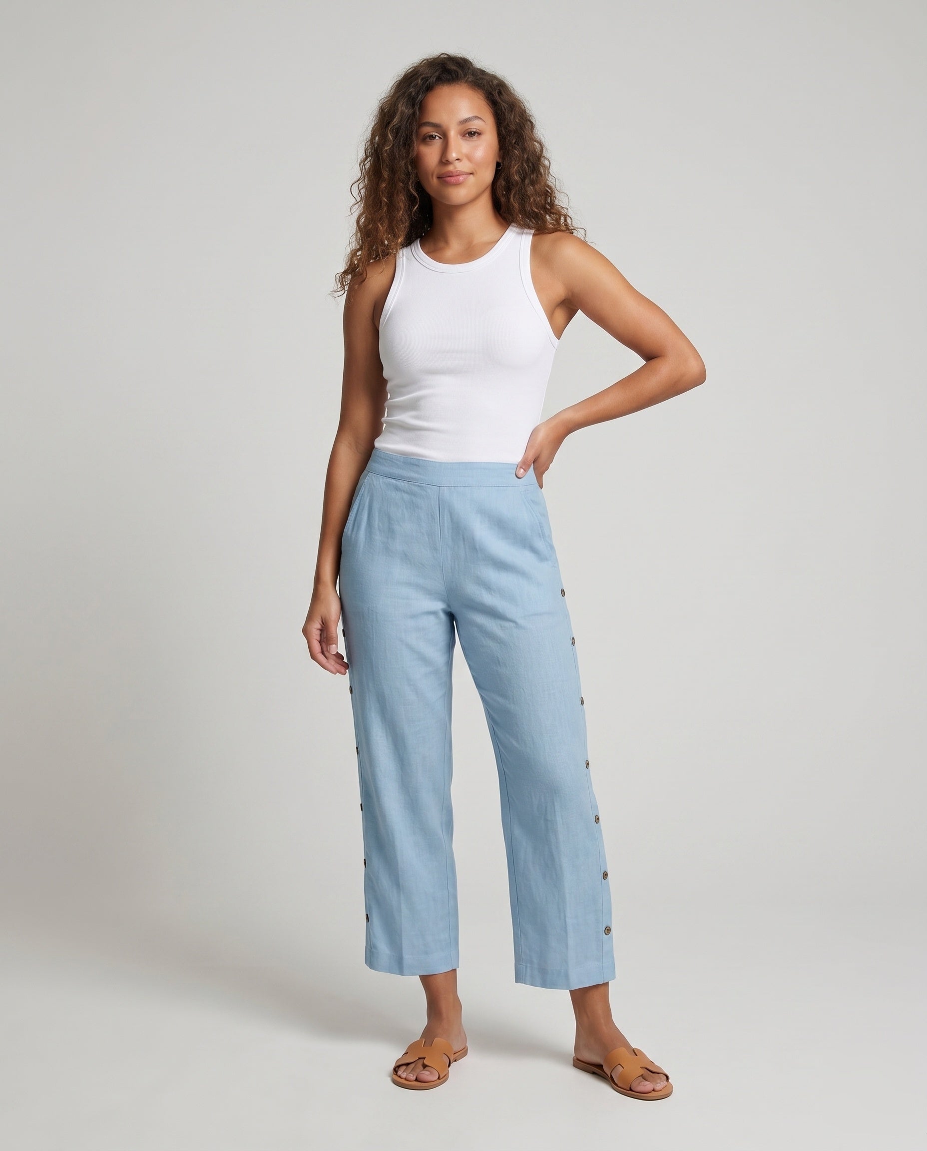 Women's Comfortable Summer Pants with Side Button Details - Front View
