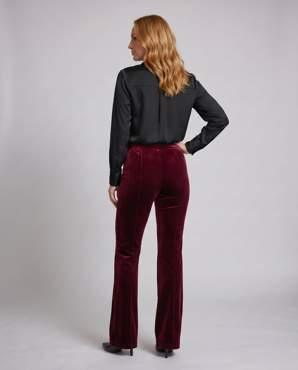 Women's Elegant Velvet Pants with High Waist and Wide Flared Leg - Back View
