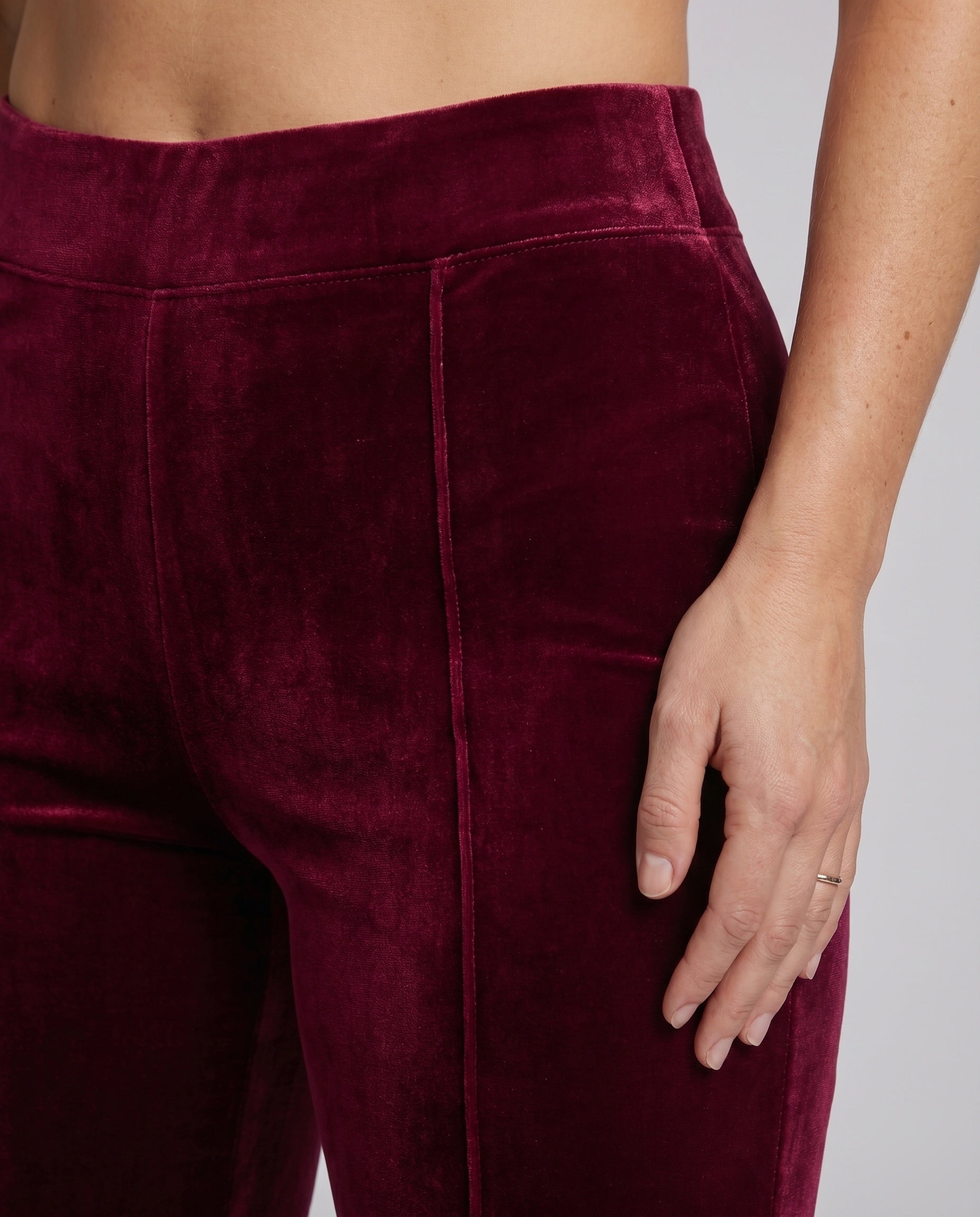 Women's Elegant Velvet Pants with High Waist and Wide Flared Leg - Close-Up Detail