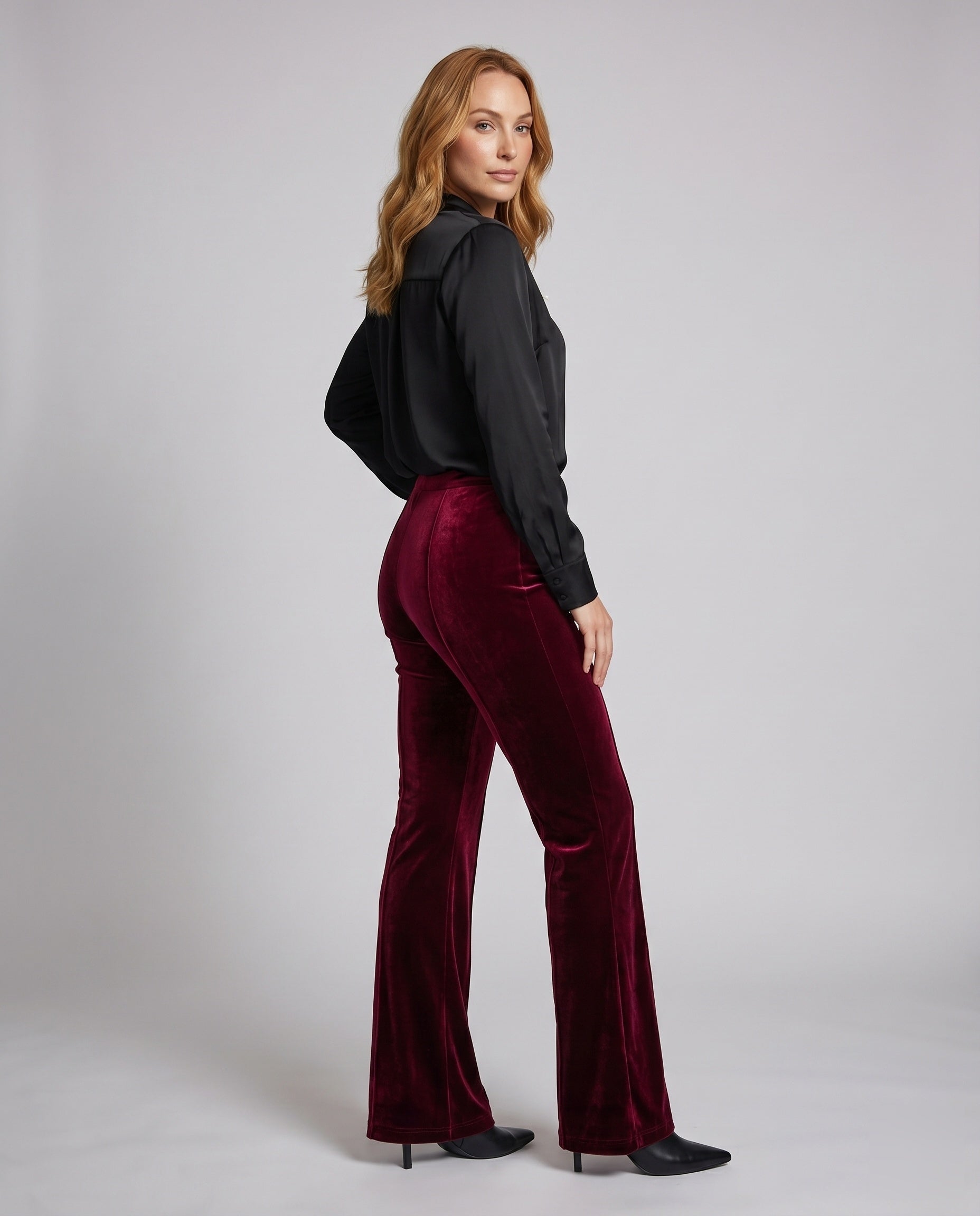 Women's Elegant Velvet Pants with High Waist and Wide Flared Leg - Front View
