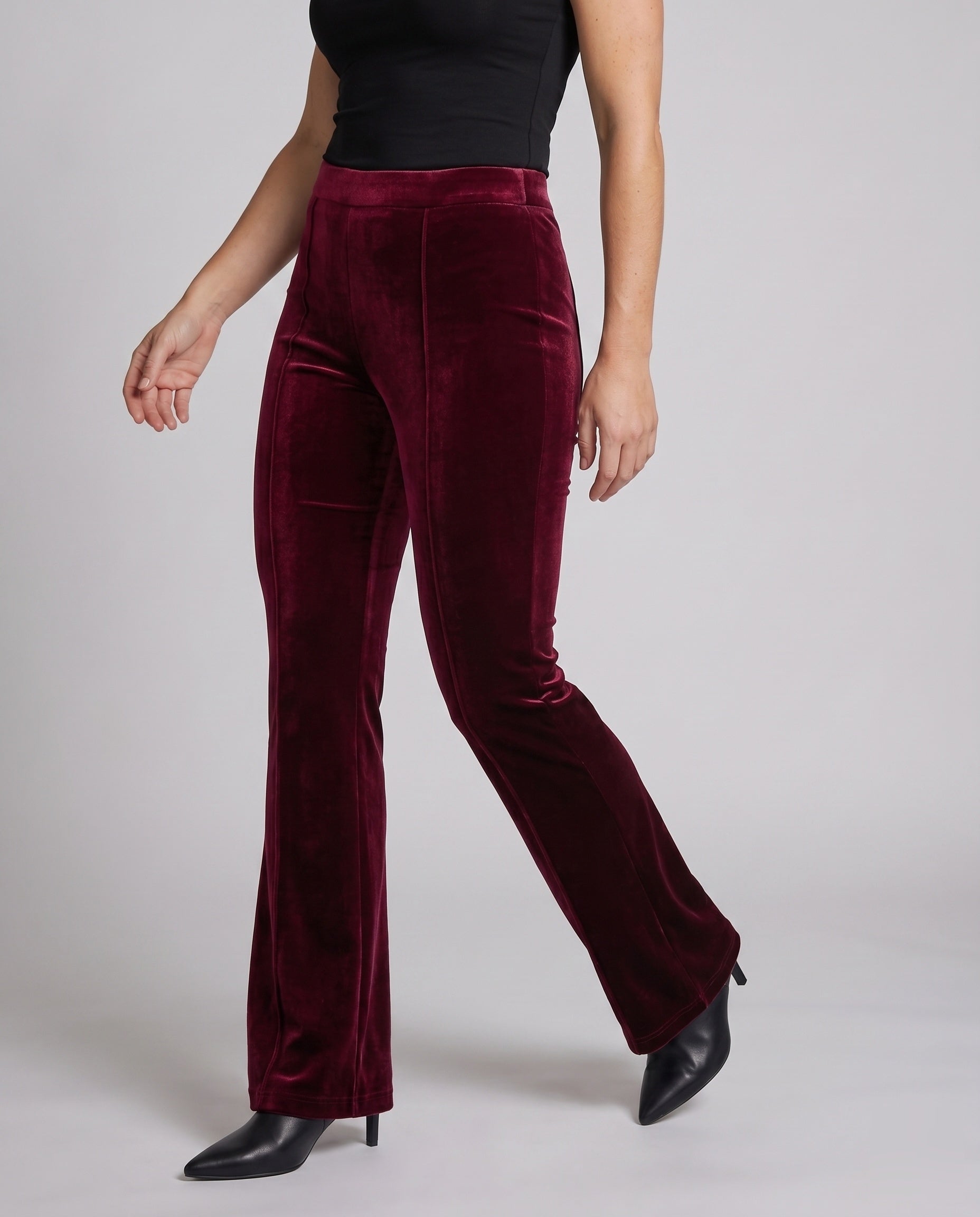Women's Elegant Velvet Pants with High Waist and Wide Flared Leg - Lower Body View