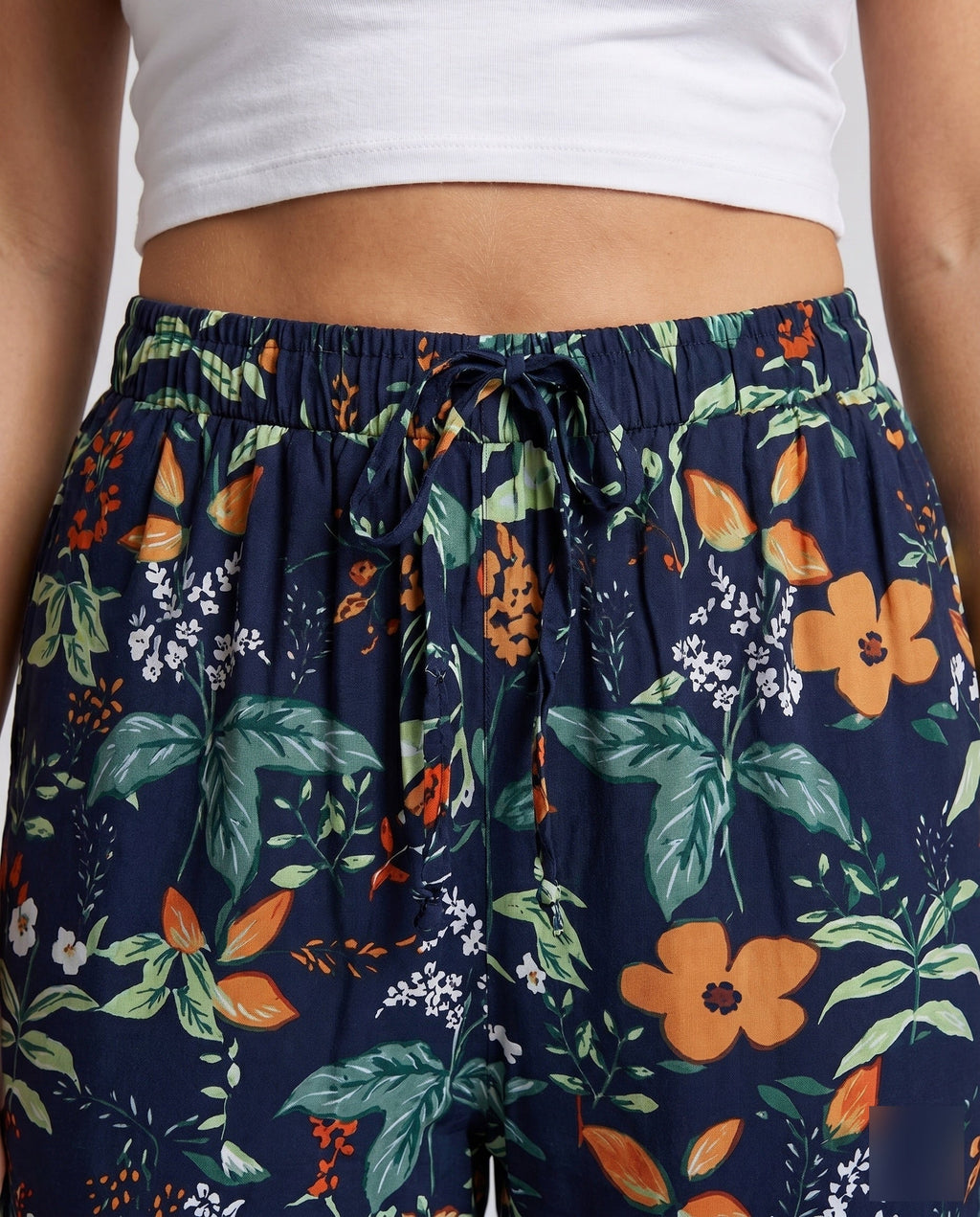 Women's Casual and Comfortable Hippie Pants with Floral Print - Close-Up Detail