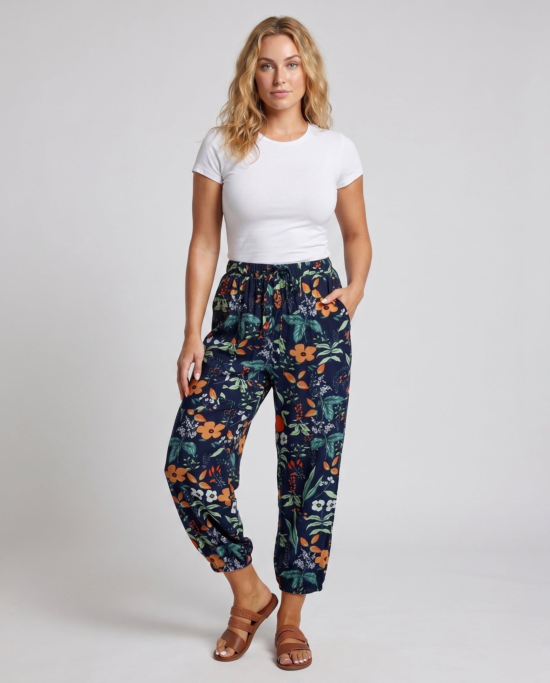 Women's Casual and Comfortable Hippie Pants with Floral Print - Front View