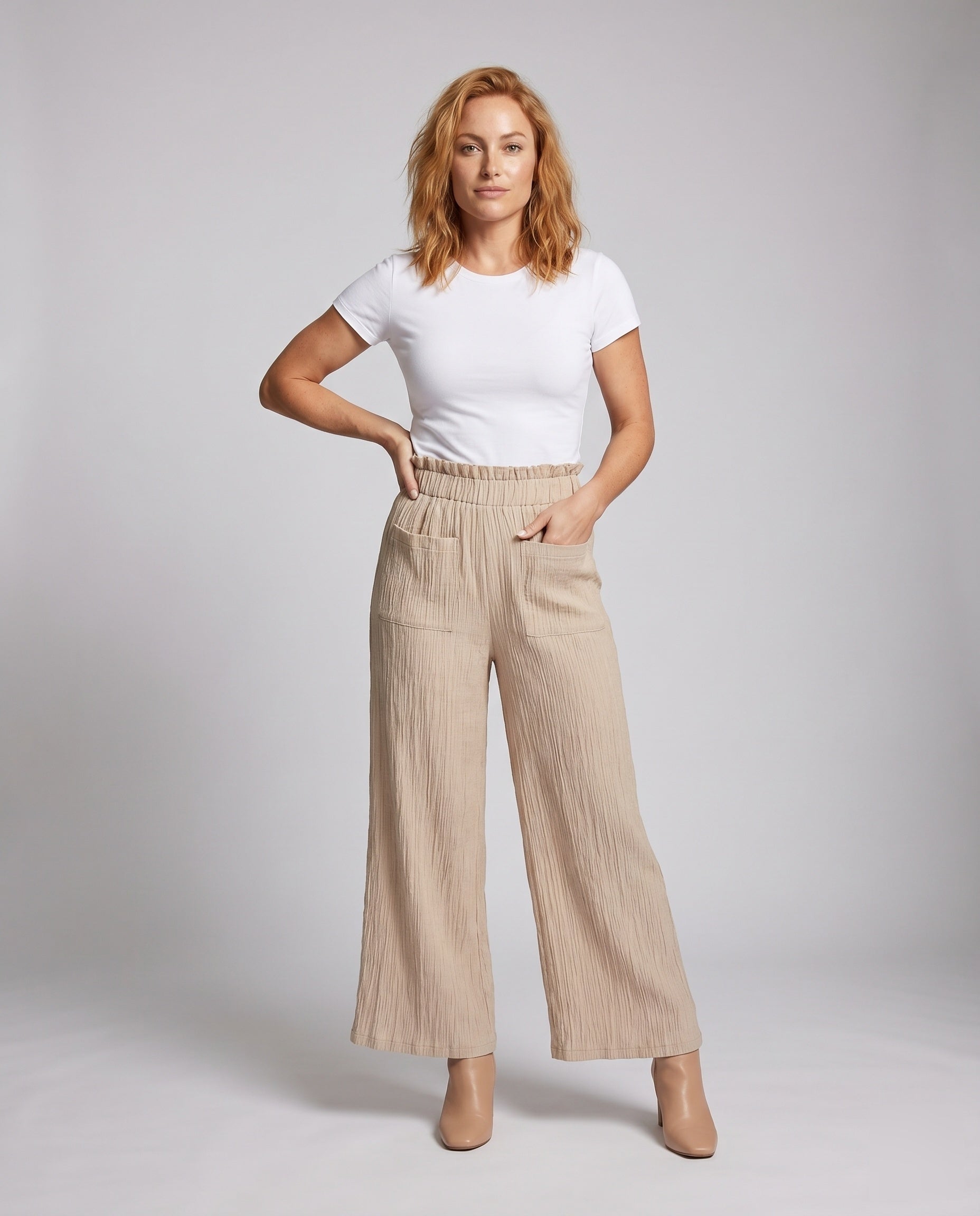 Women's Fashionable Wide Harem Pants with Elastic Waistband - Front View