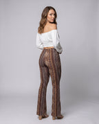 Women's Flare Pants with Ornate Patterns and High Waistband - Back View