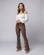 Women's Flare Pants with Ornate Patterns and High Waistband - Front View