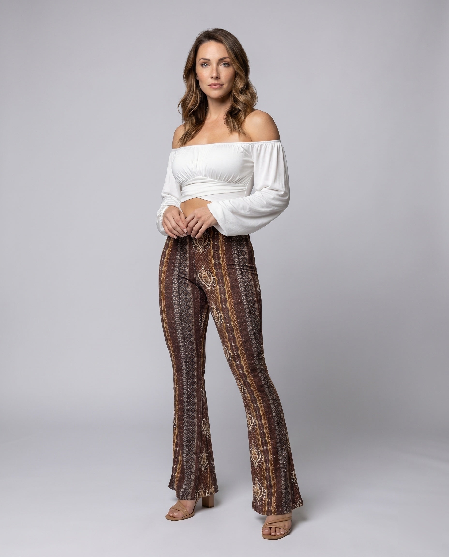 Women's Flare Pants with Ornate Patterns and High Waistband - Front View