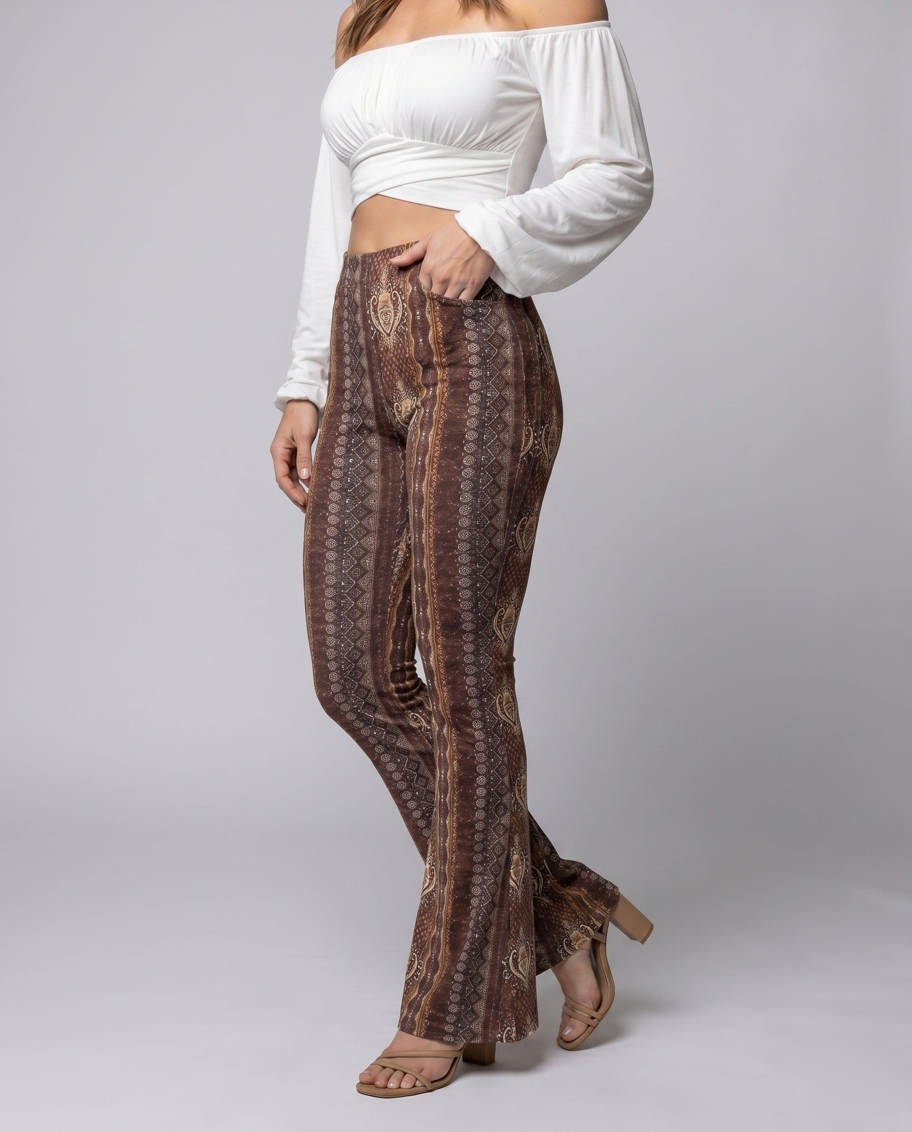 Women's Flare Pants with Ornate Patterns and High Waistband - Lower Body View
