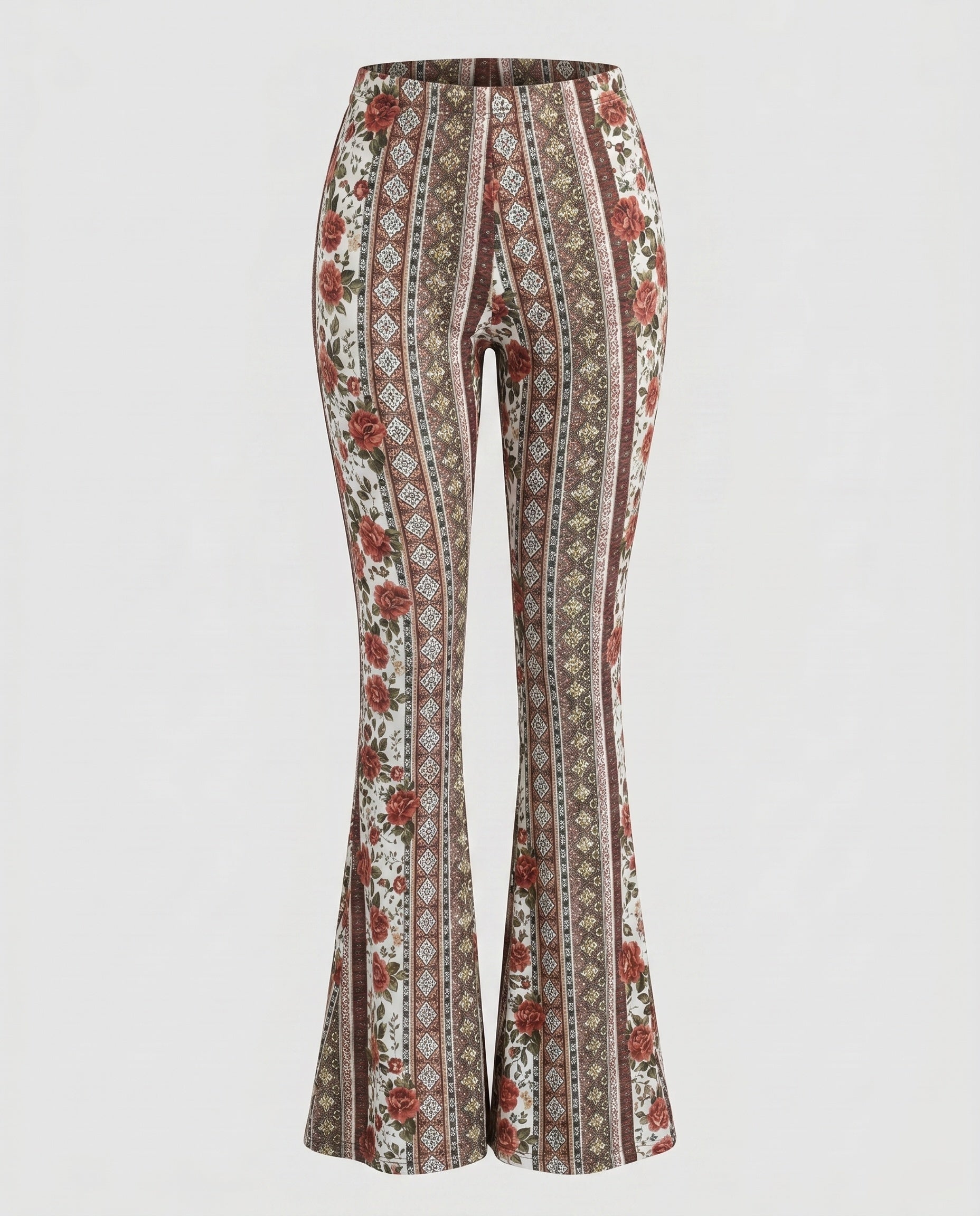 Women's Flare Pants with Ornate Patterns and High Waistband