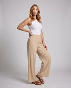 Women's Wide Pleated Trousers with Elastic Waistband, Striped Design - Front View