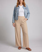 Women's Wide Pleated Trousers with Elastic Waistband, Striped Design - Lower Body View