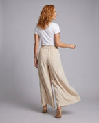Women's Wide Fabric Trousers with Elastic Waistband and Gathers - Back View