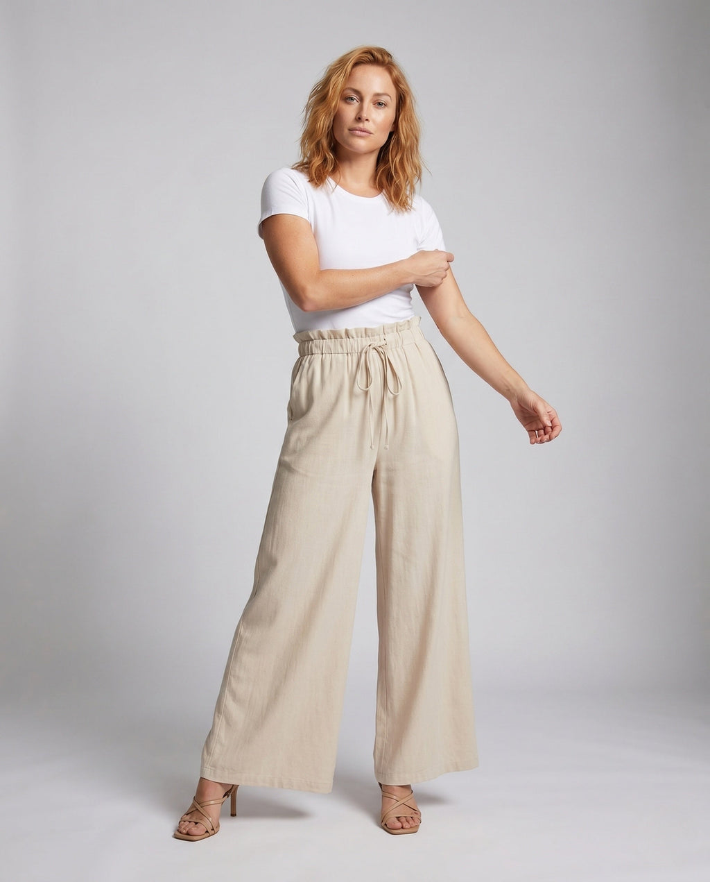 Women's Wide Fabric Trousers with Elastic Waistband and Gathers - Front View