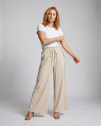 Women's Wide Fabric Trousers with Elastic Waistband and Gathers - Front View