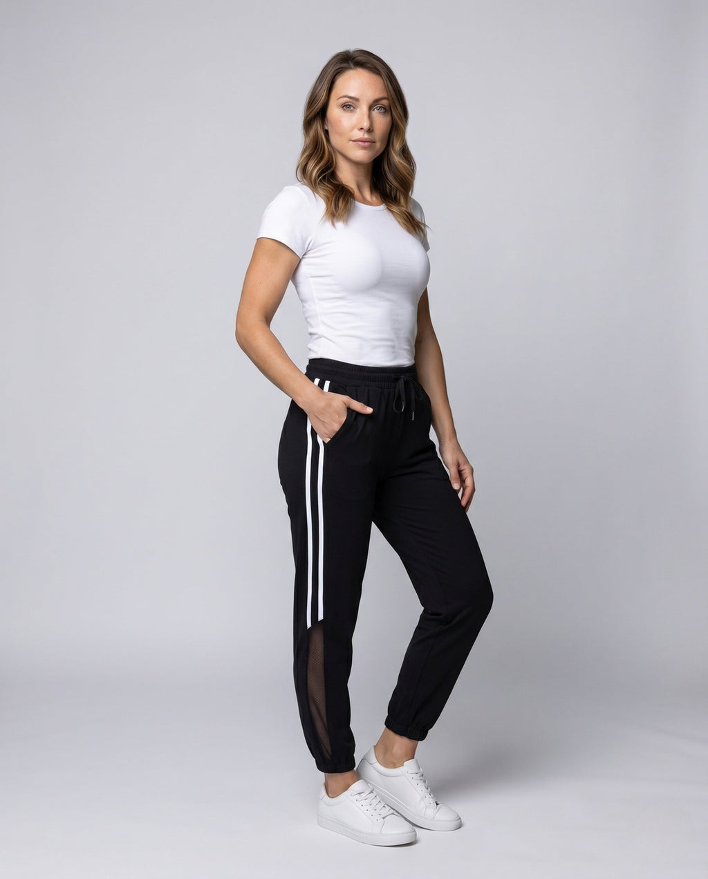 Women's Sporty Leisure Pants with Mesh Panels - Front View
