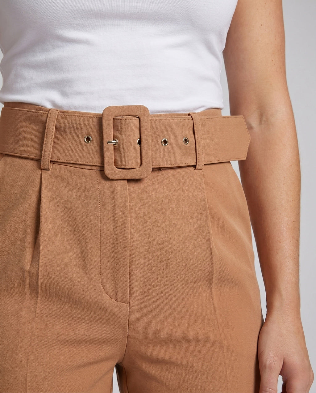 Women's Elegant High-Waisted Pants with Wide Waistband - Close-Up Detail