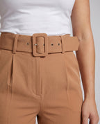 Women's Elegant High-Waisted Pants with Wide Waistband - Close-Up Detail