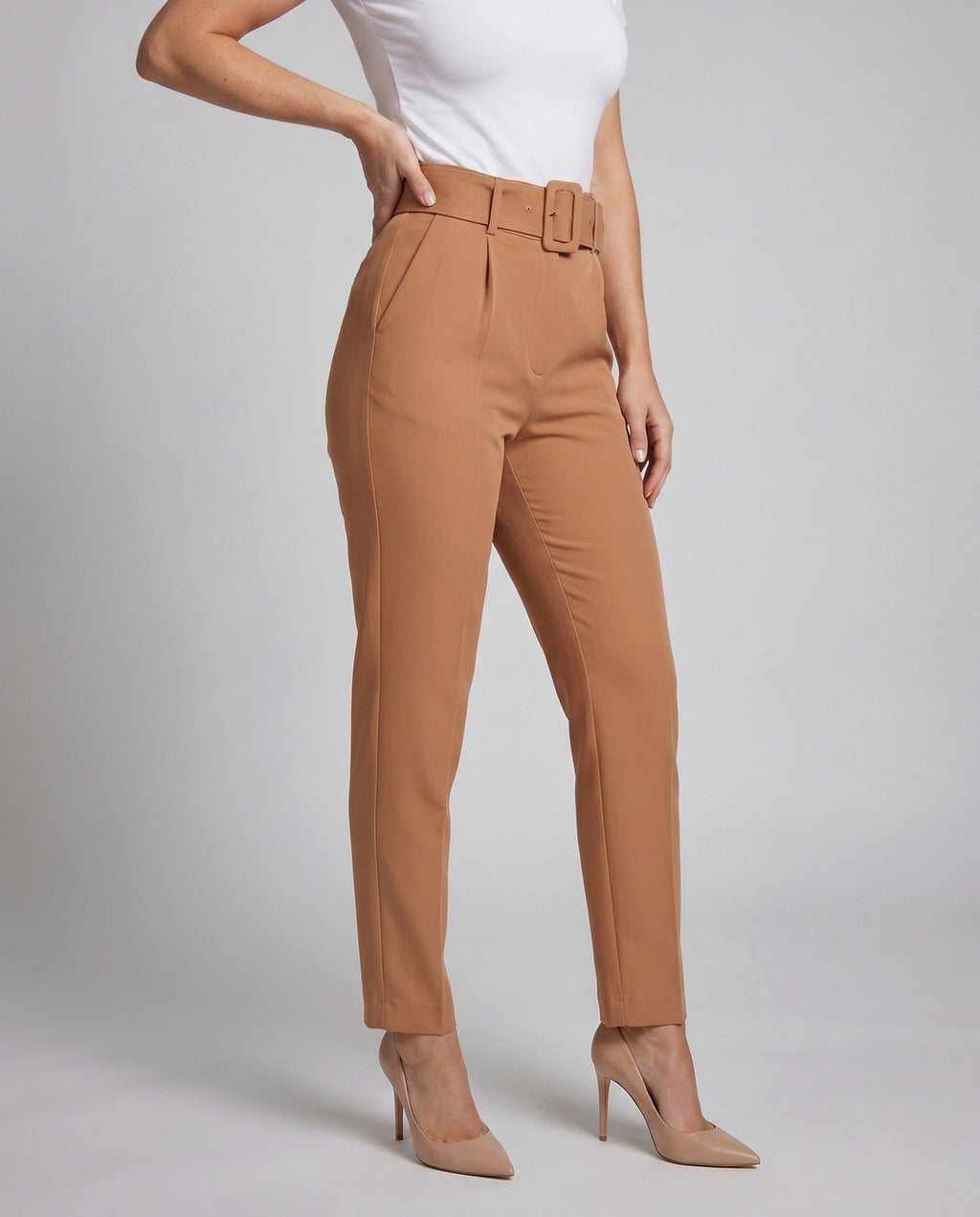 Women's Elegant High-Waisted Pants with Wide Waistband - Lower Body View
