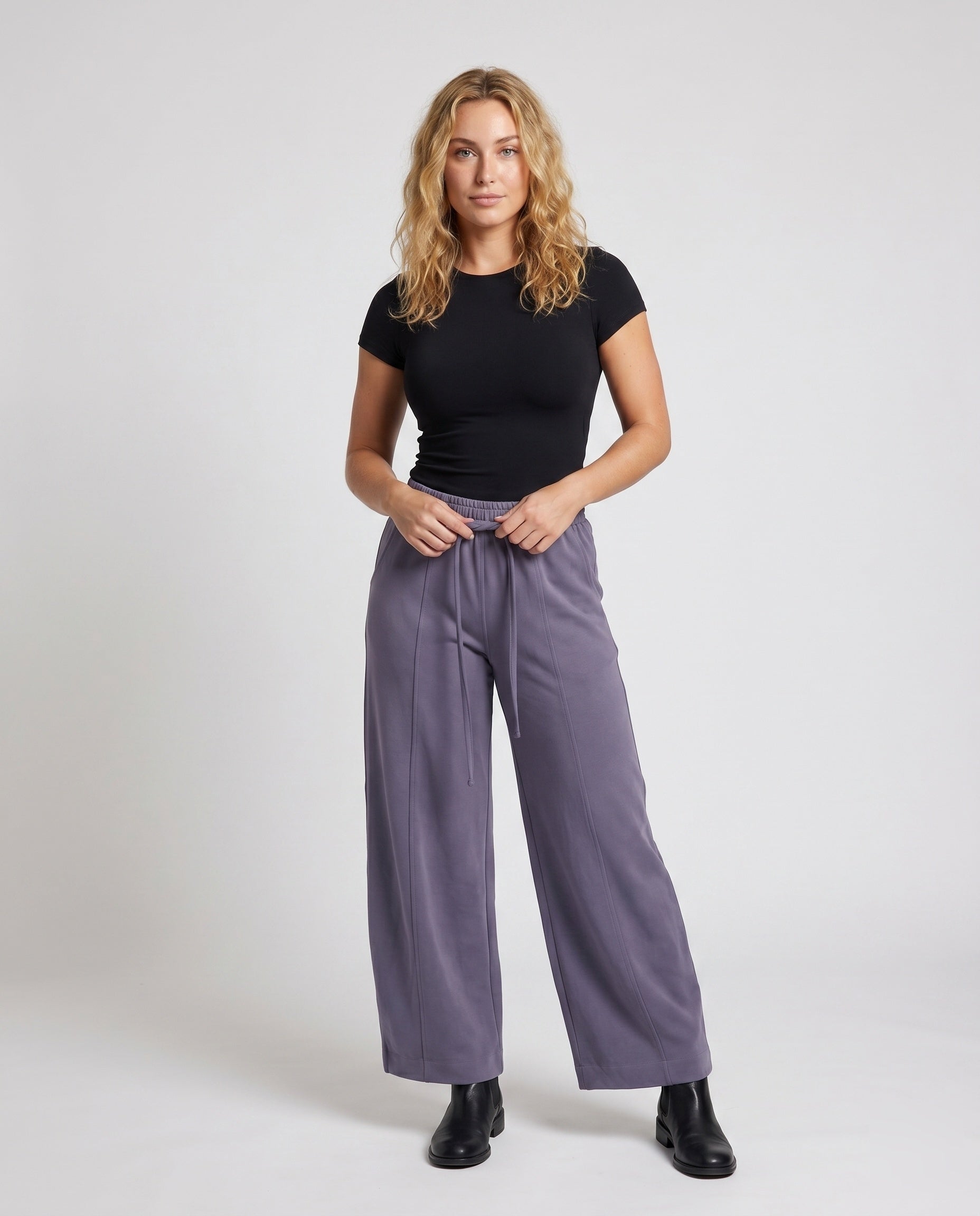 Women's Culotte Sweatpants with High Ribbed Waistband, Drawstring - Front View