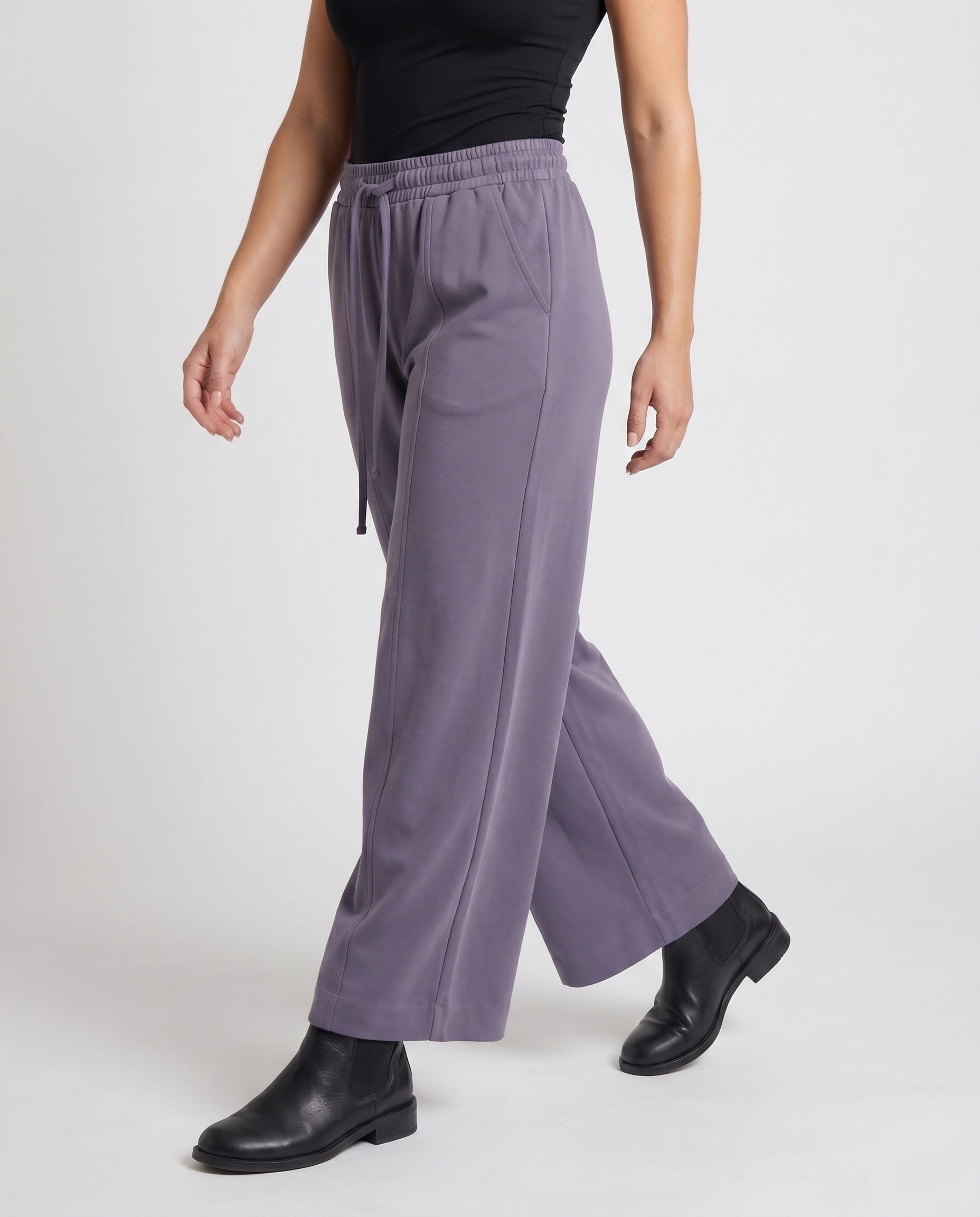 Women's Culotte Sweatpants with High Ribbed Waistband, Drawstring - Lower Body View