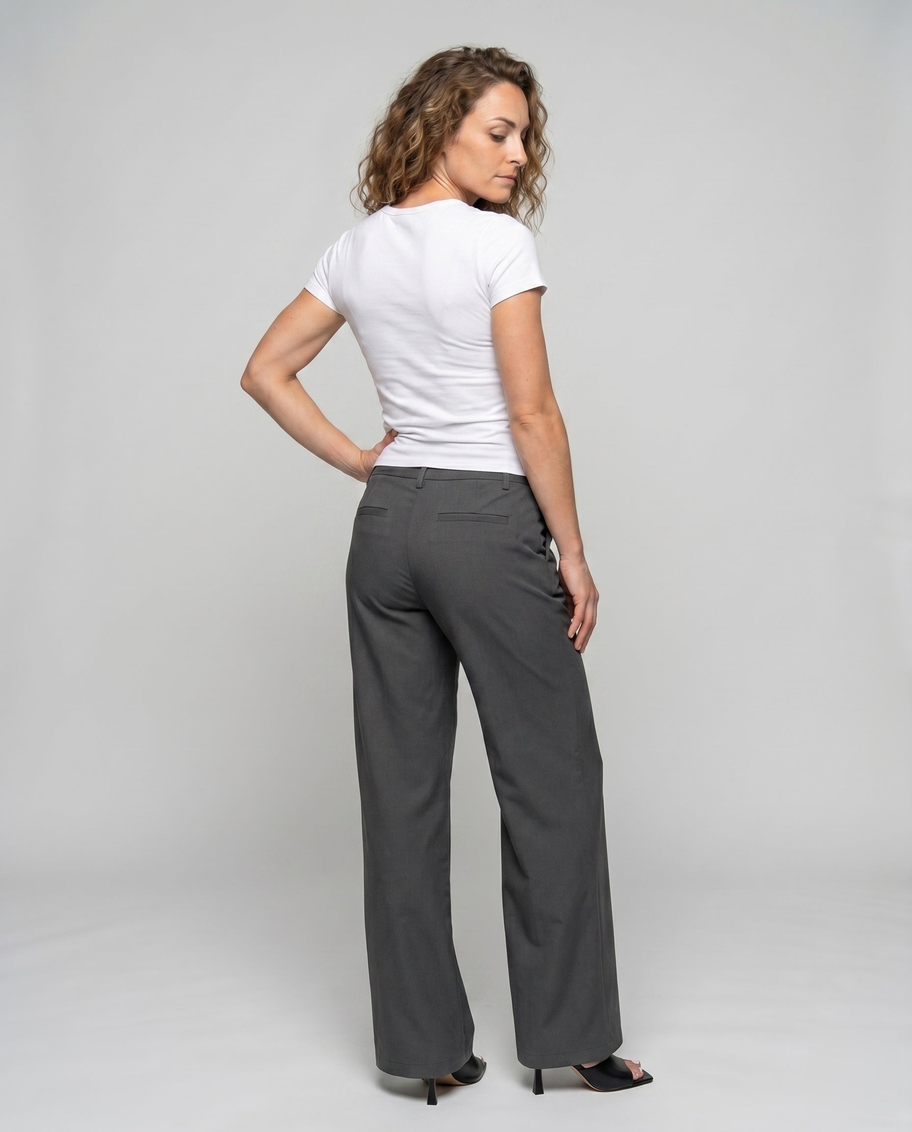 Women's Elegant Palazzo Pants with Curved Waistband, Belt Loops - Back View