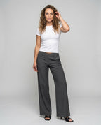 Women's Elegant Palazzo Pants with Curved Waistband, Belt Loops - Front View