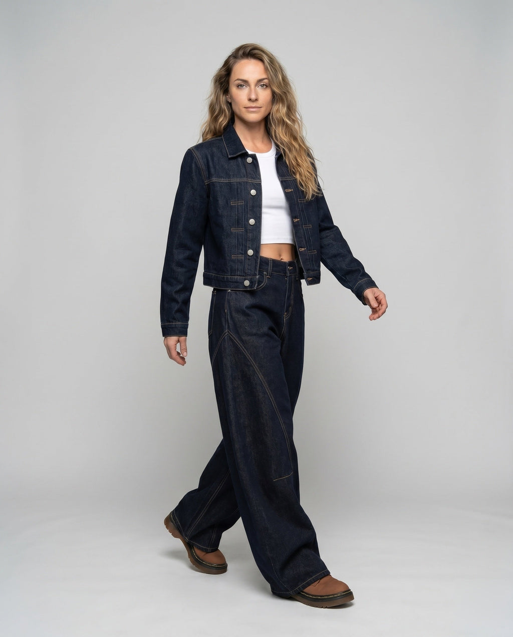 Women's High-Cut Extra Wide Jeans Pants with Striking Decorative Seams - Front View