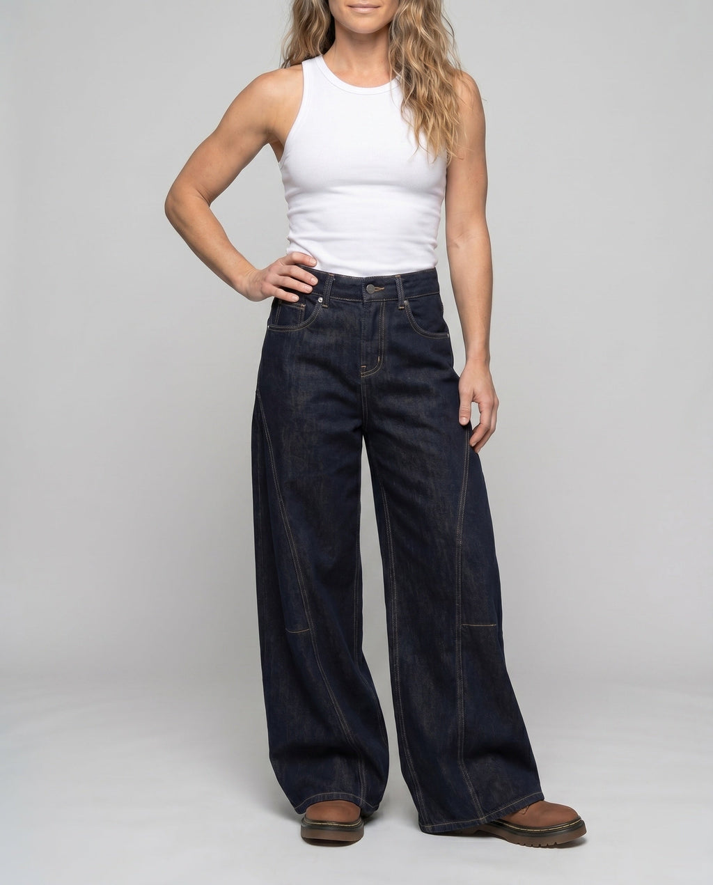 Women's High-Cut Extra Wide Jeans Pants with Striking Decorative Seams - Lower Body View