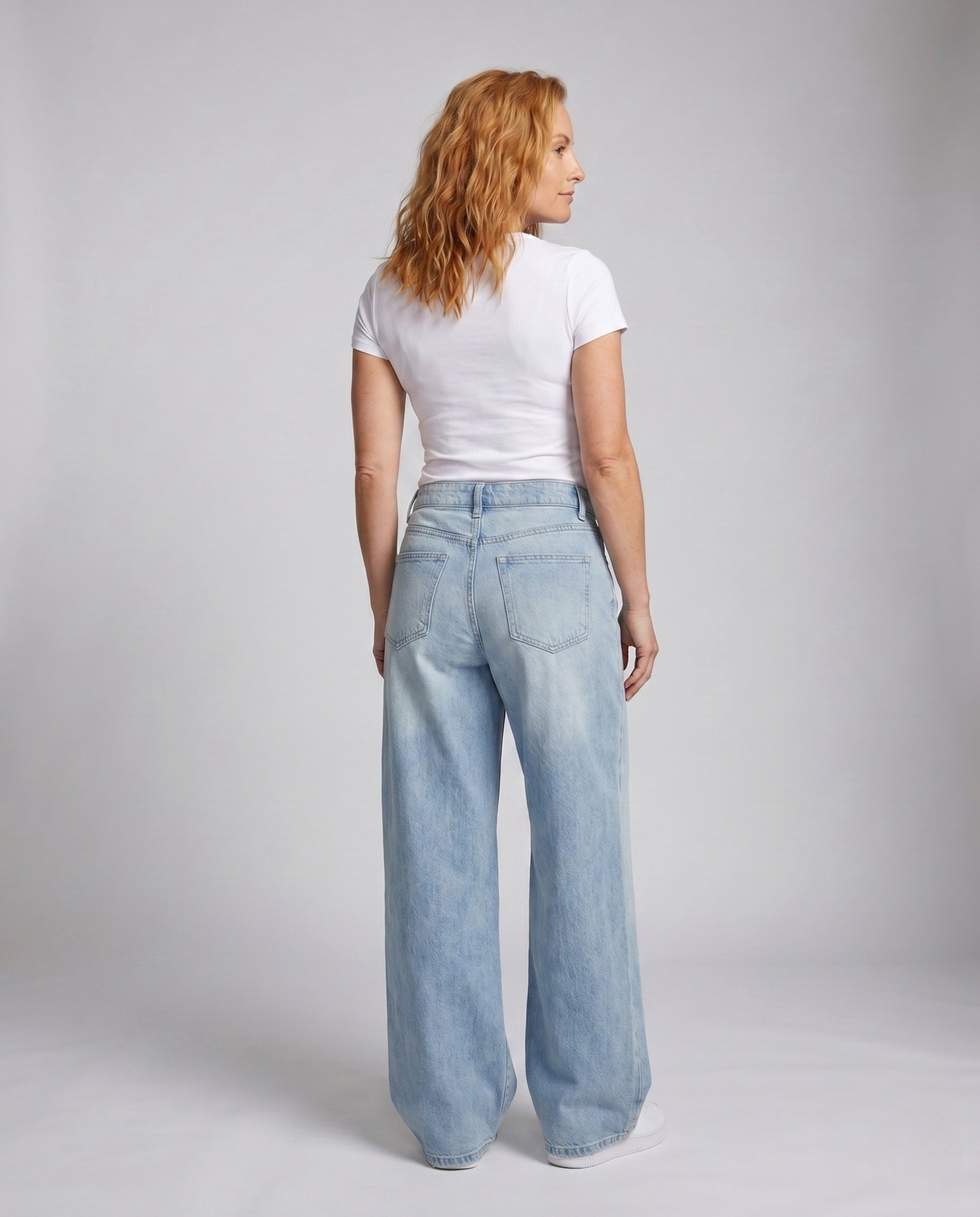Women's High-Cut Ultra-Wide Balloon-Cut Jeans with Visible Seam Panels - Back View