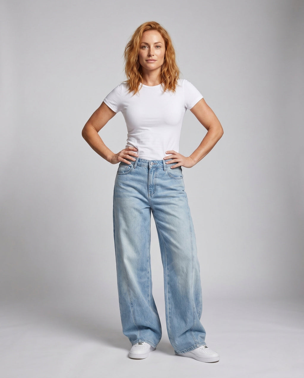 Women's High-Cut Ultra-Wide Balloon-Cut Jeans with Visible Seam Panels - Front View