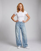 Women's High-Cut Ultra-Wide Balloon-Cut Jeans with Visible Seam Panels - Front View
