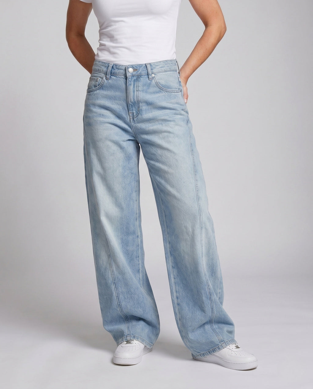 Women's High-Cut Ultra-Wide Balloon-Cut Jeans with Visible Seam Panels - Lower Body View