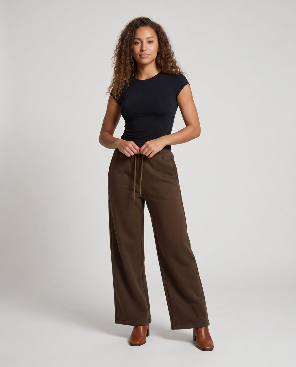Women's High-Waisted Wide Jogging Pants with Drawstring Front Seam - Front View
