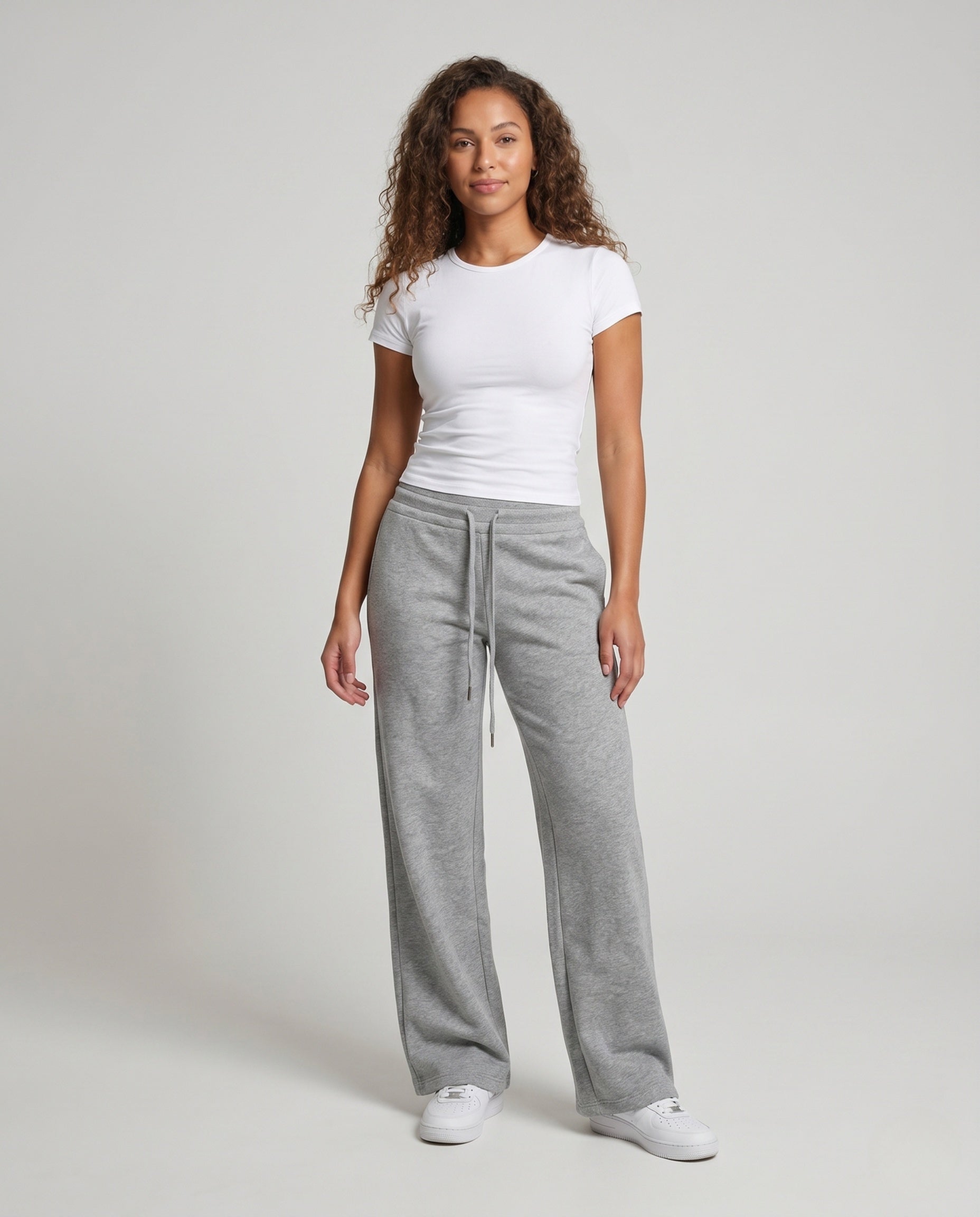Women's High-Cut Wide Relax Sweatpants with Ribbed Waistband - Front View