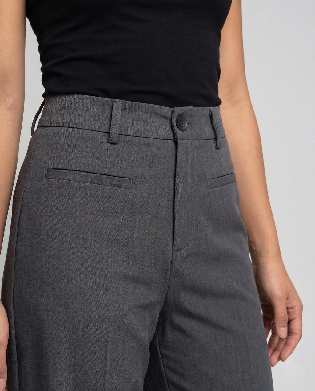 Women's High-Waisted Suit Pants with Wide Legs, Crease, Piped Pockets - Close-Up Detail