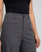 Women's High-Waisted Suit Pants with Wide Legs, Crease, Piped Pockets - Close-Up Detail