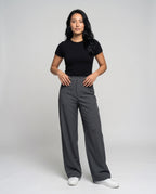 Women's High-Waisted Suit Pants with Wide Legs, Crease, Piped Pockets - Front View