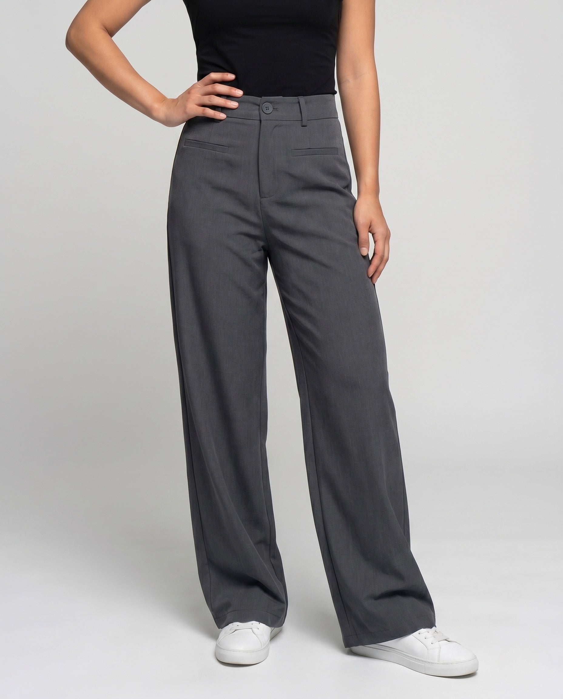 Women's High-Waisted Suit Pants with Wide Legs, Crease, Piped Pockets - Lower Body View