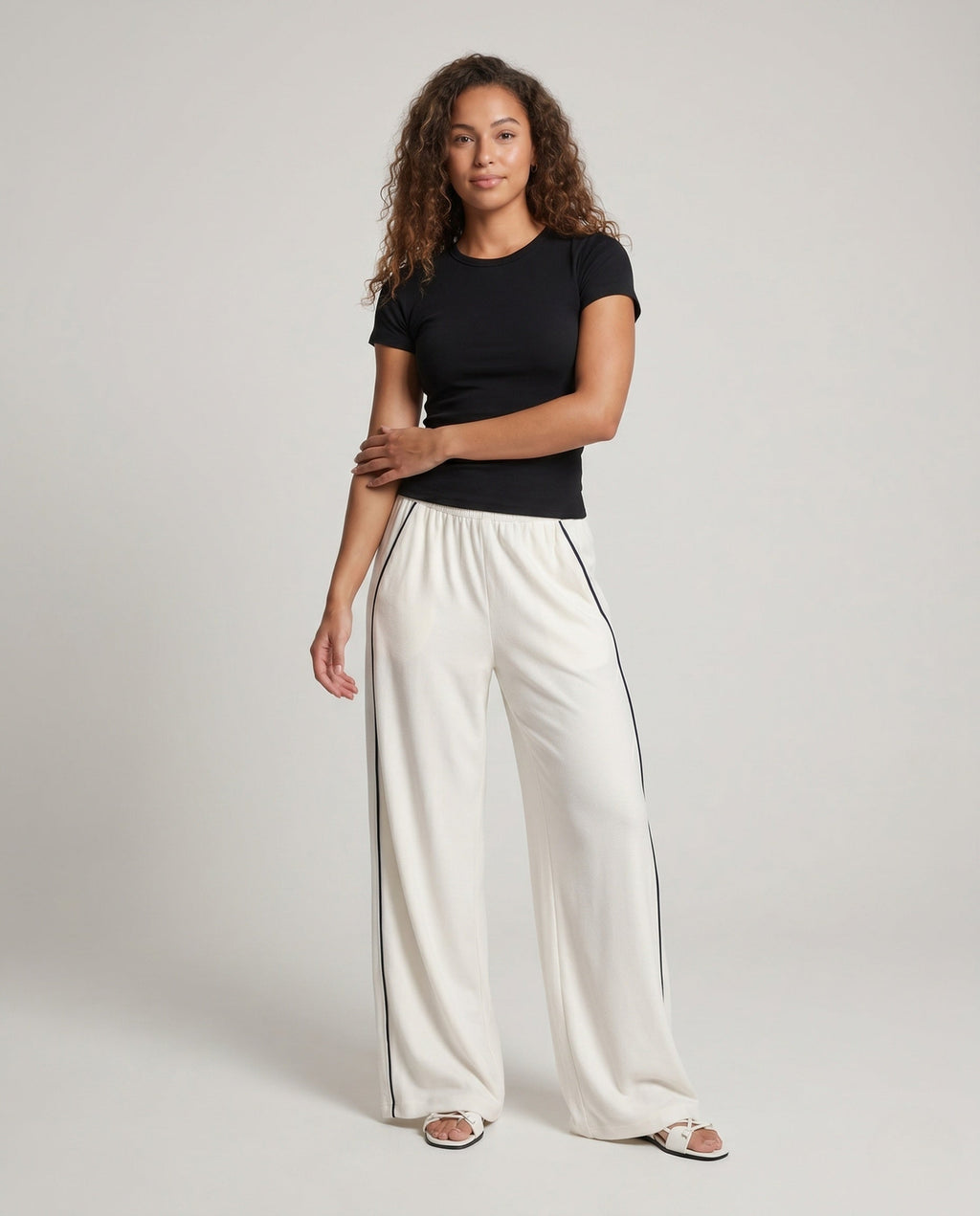 Women's Wide Flowing Pants with Contrasting Side Piping - Front View
