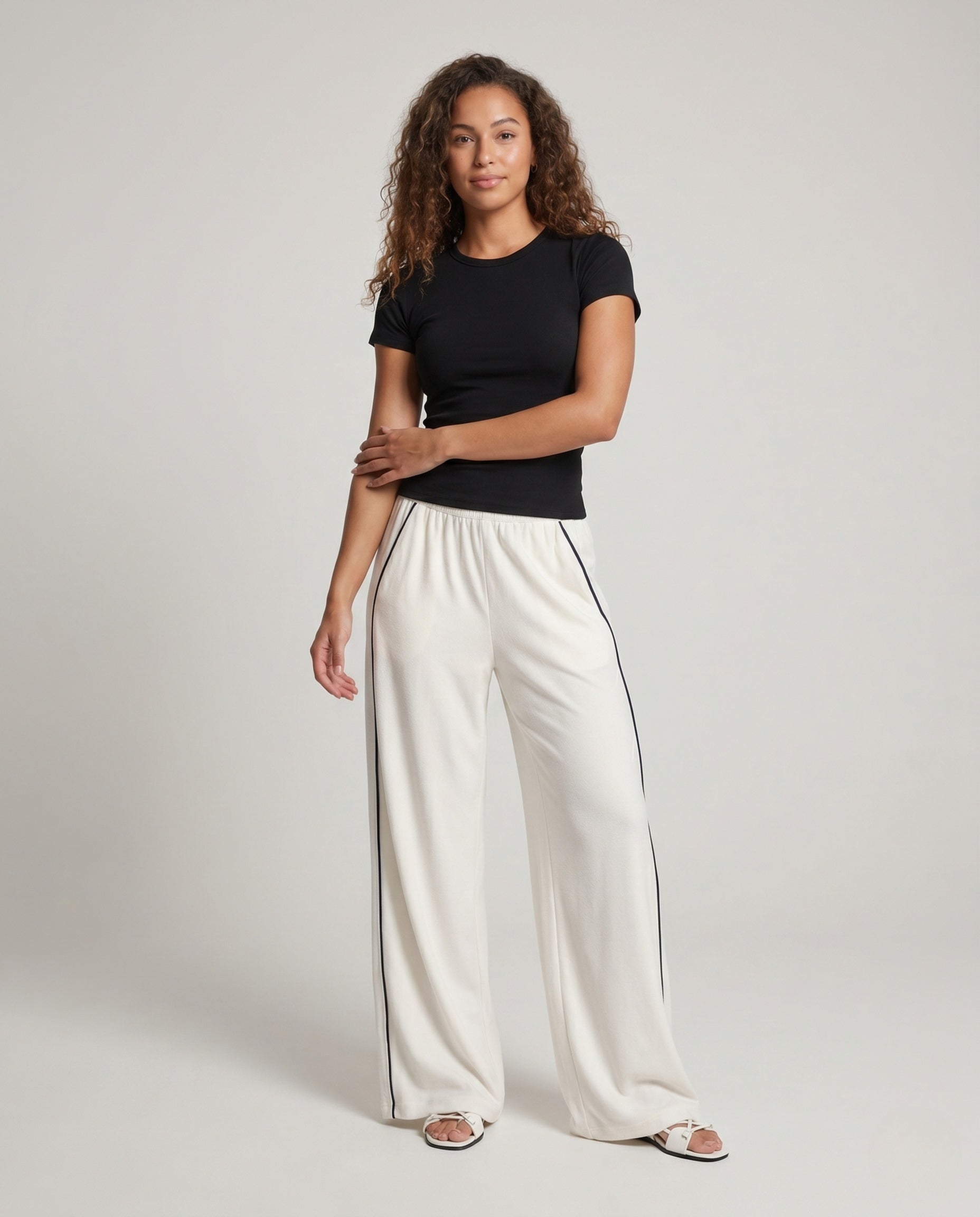 Women's Wide Flowing Pants with Contrasting Side Piping - Front View