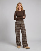 Women's Wide Checked Lounge Pants with Elastic Waistband, Drawstring - Front View